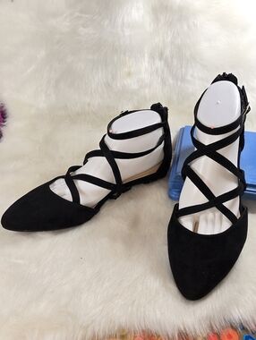 Lauren Conrad Glow Suede-look Black Pointed Toe Women's Strappy Flats